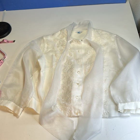 JUDY BOND VINTAGE 1950s EMBROIDERED SHEER SLEEVE BLOUSE SECRETARY BOW SZ 14 - Picture 10 of 16